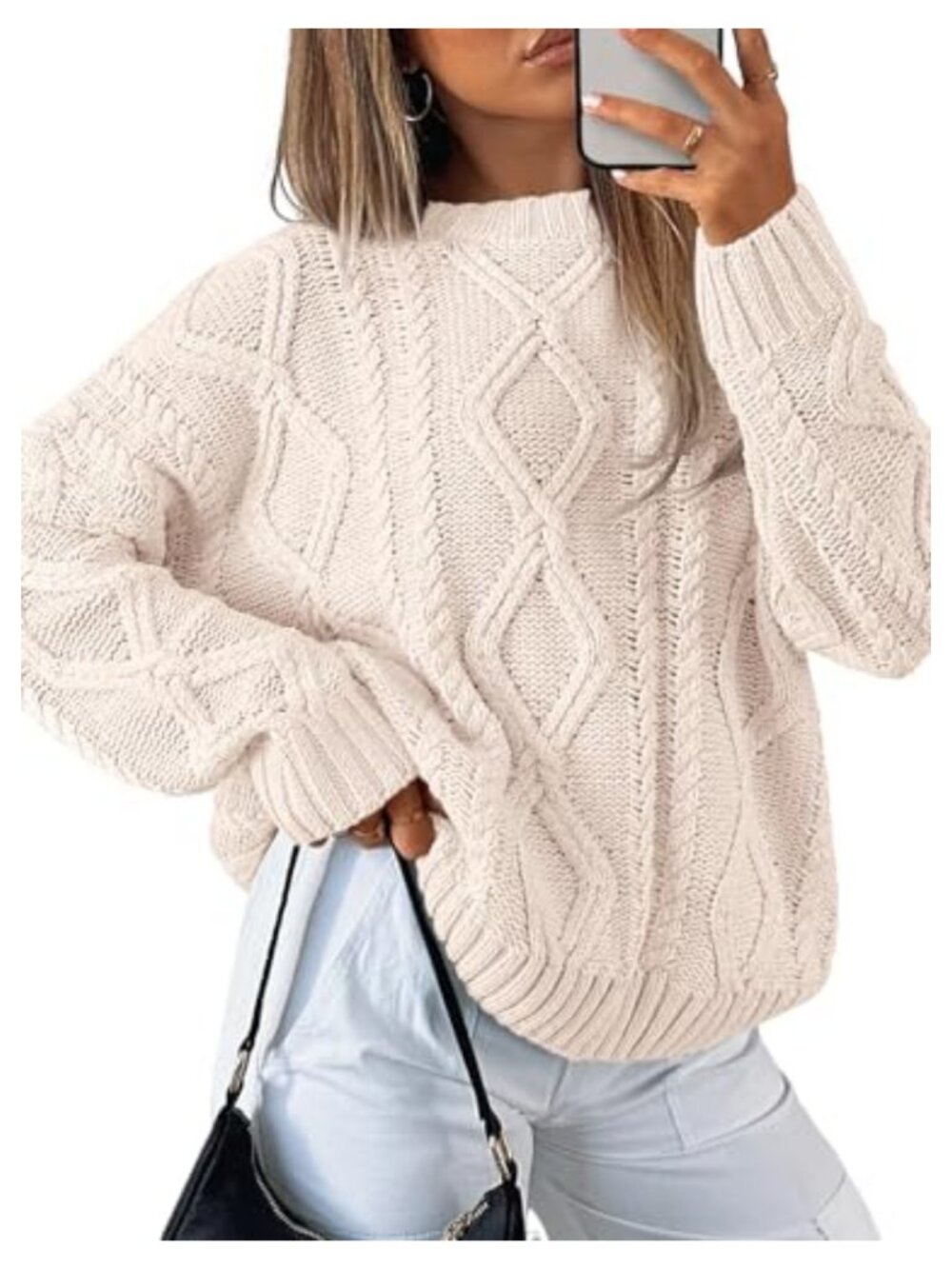 Oversized Cable Knit Pullover Sweater Cotton Blend Long Sleeve Crew Neck